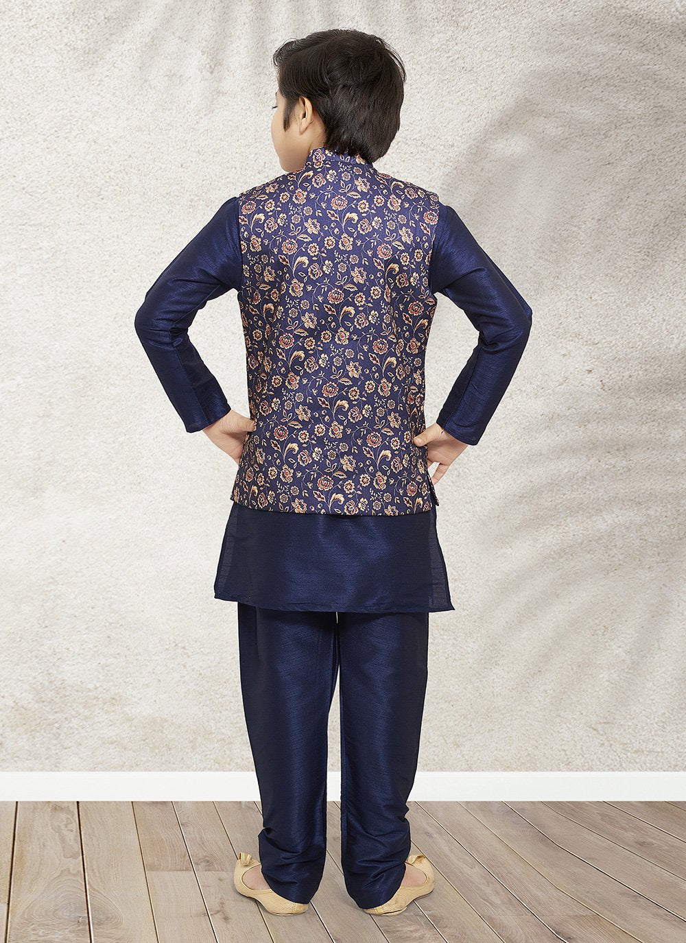 Kurta Payjama With Jacket Banarasi Silk Blue Print Kids