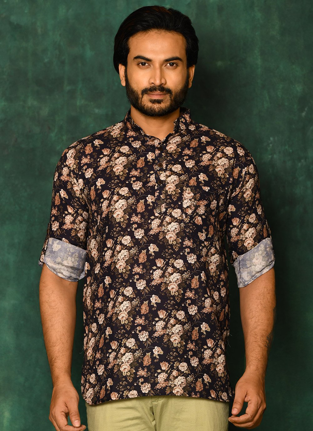 Short Kurta Cotton Blue Print Mens