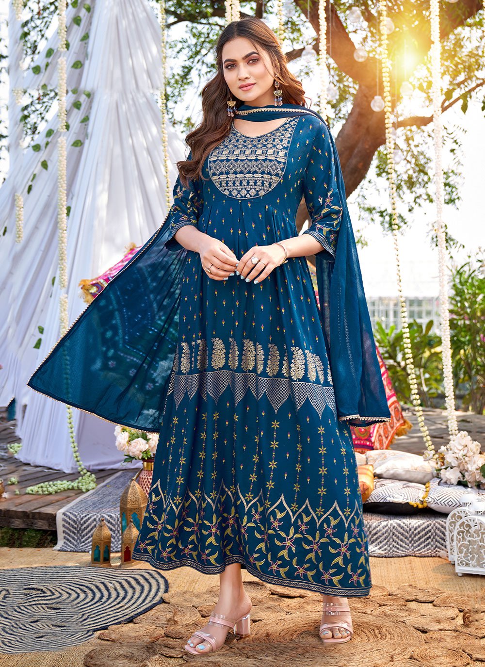 Gown Rayon Blue Print Gown