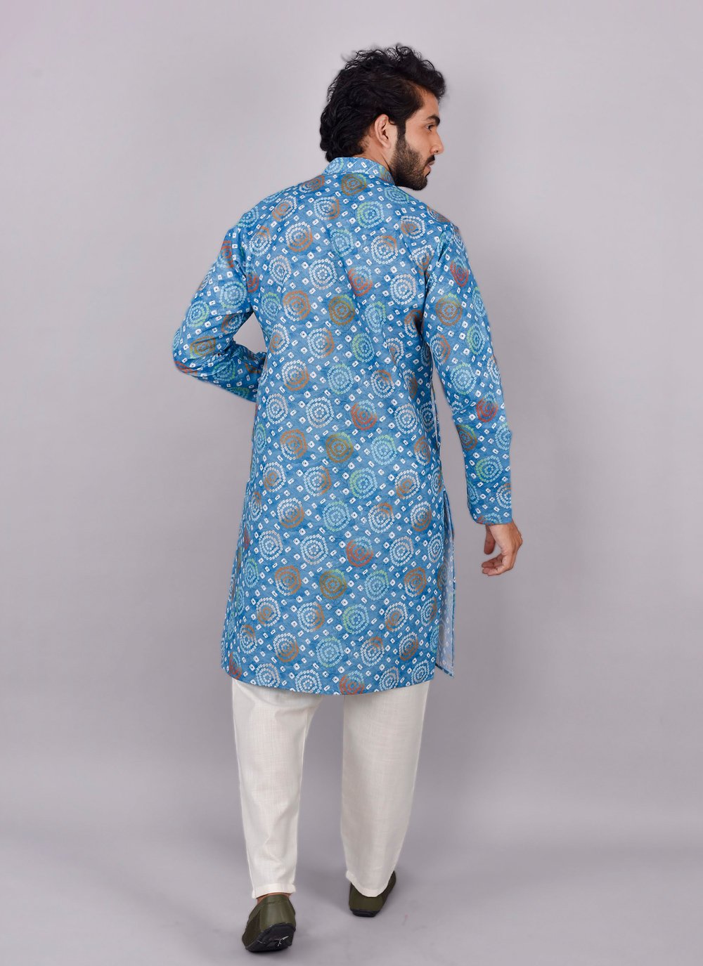 Kurta Pyjama Blended Cotton Blue Print Mens