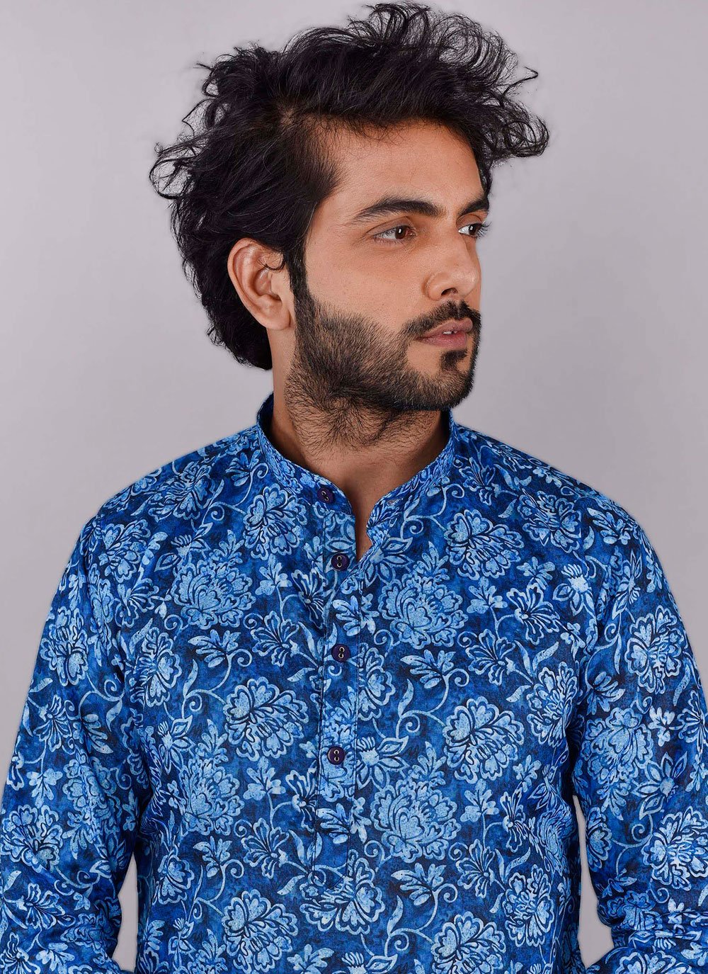 Kurta Pyjama Blended Cotton Blue Print Mens