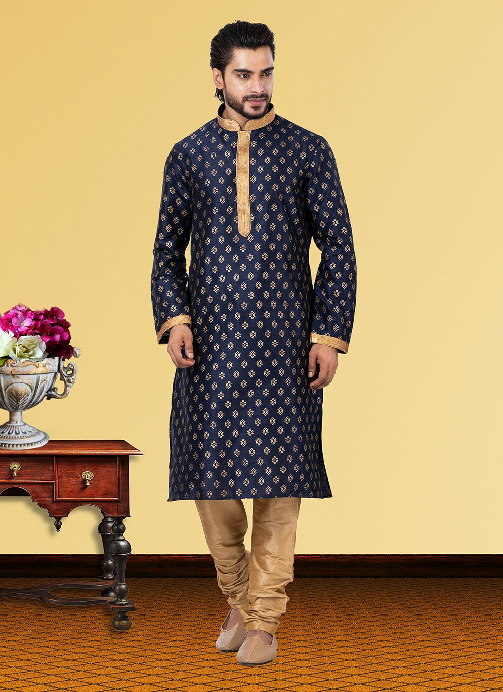 Kurta Pyjama Dupion Silk Blue Print Mens