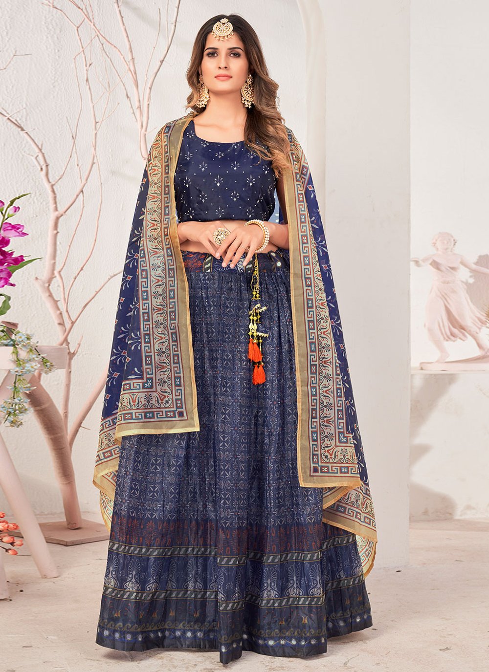 Lehenga Choli Organza Blue Print Lehenga Choli