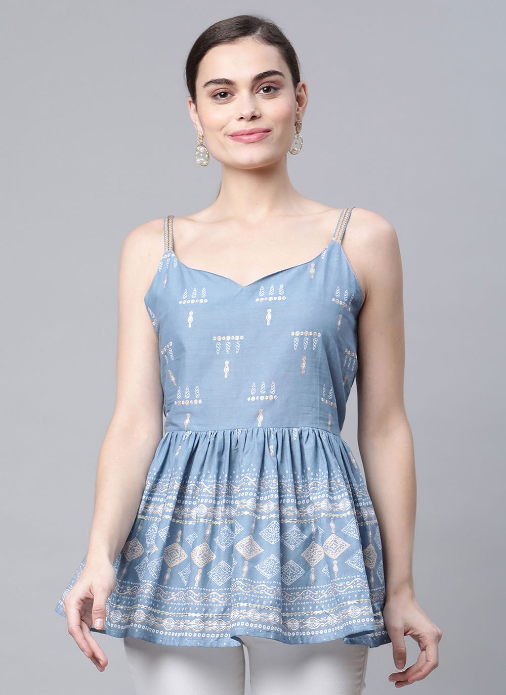 Party Wear Kurti Cotton Blue Print Kurtis