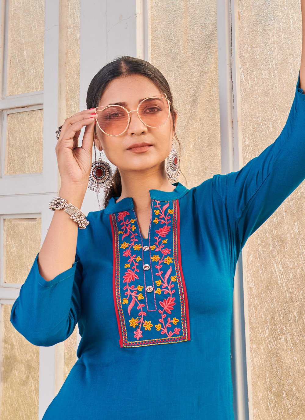 Casual Kurti Designer Rayon Blue Embroidered Kurtis