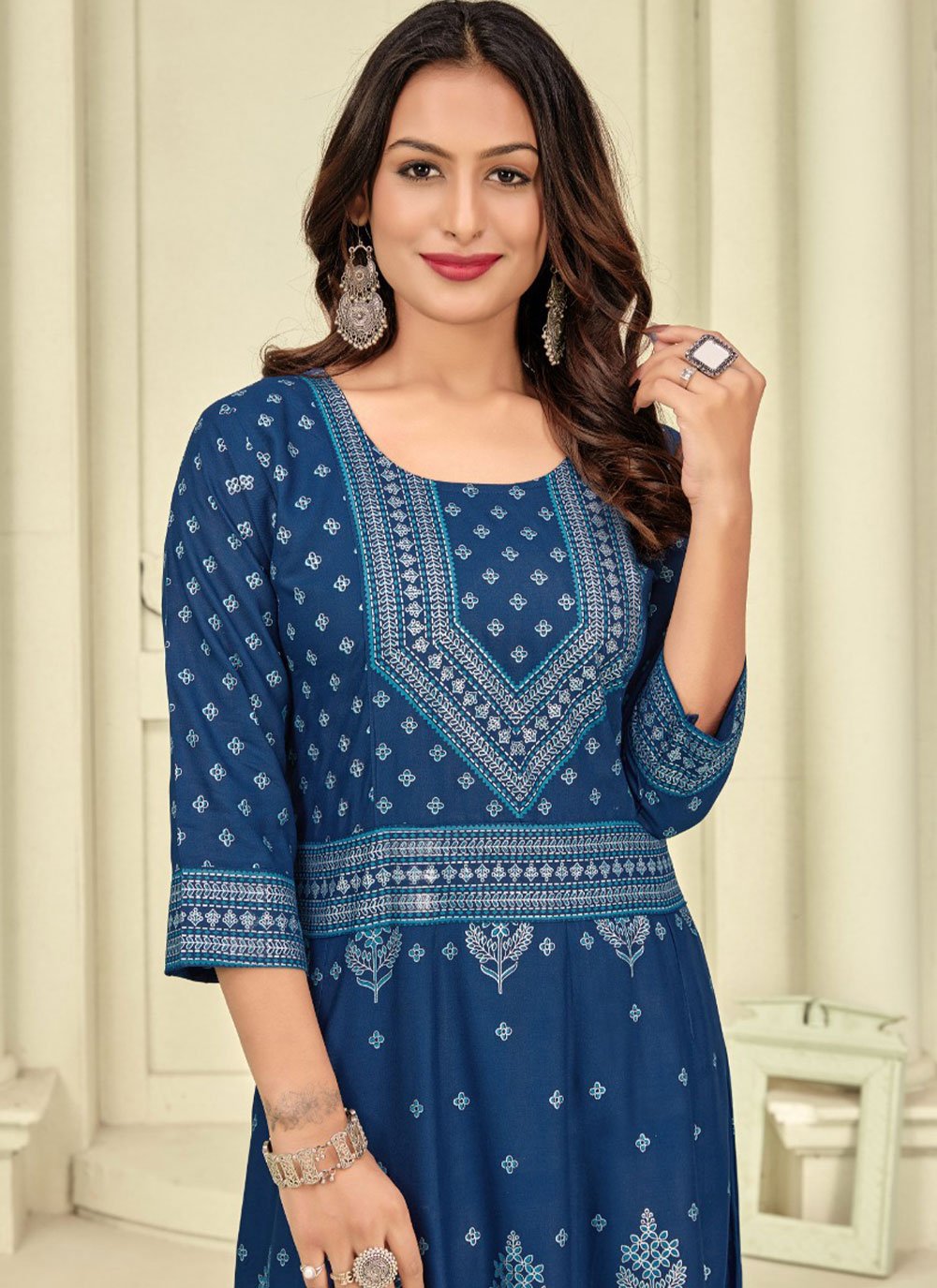Designer Kurti Rayon Blue Foil Print Kurtis