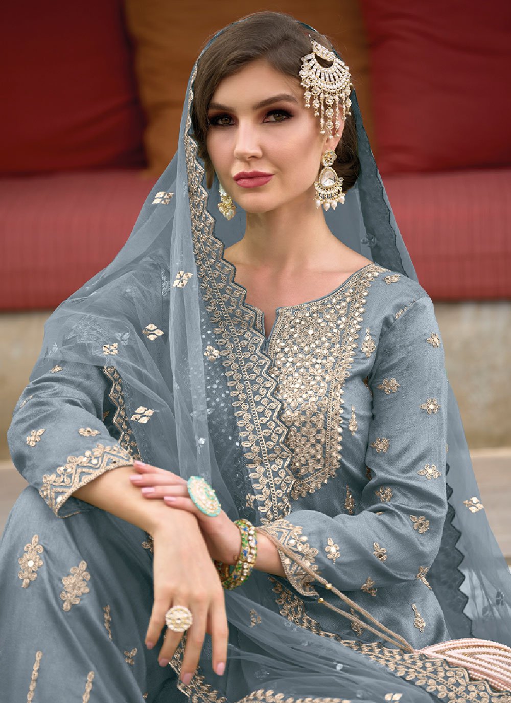 Salwar Suit Silk Blue Embroidered Salwar Kameez