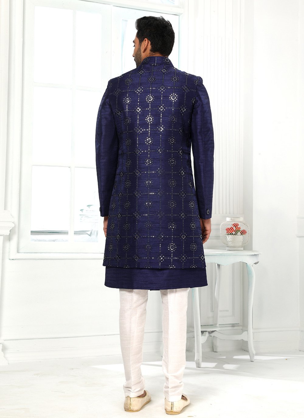 Indo Western Art Silk Blue Machine Embroidery Mens