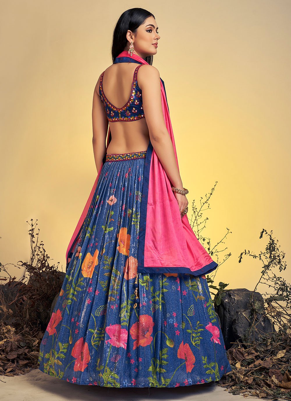 Lehenga Choli Chinon Silk Blue Print Lehenga Choli
