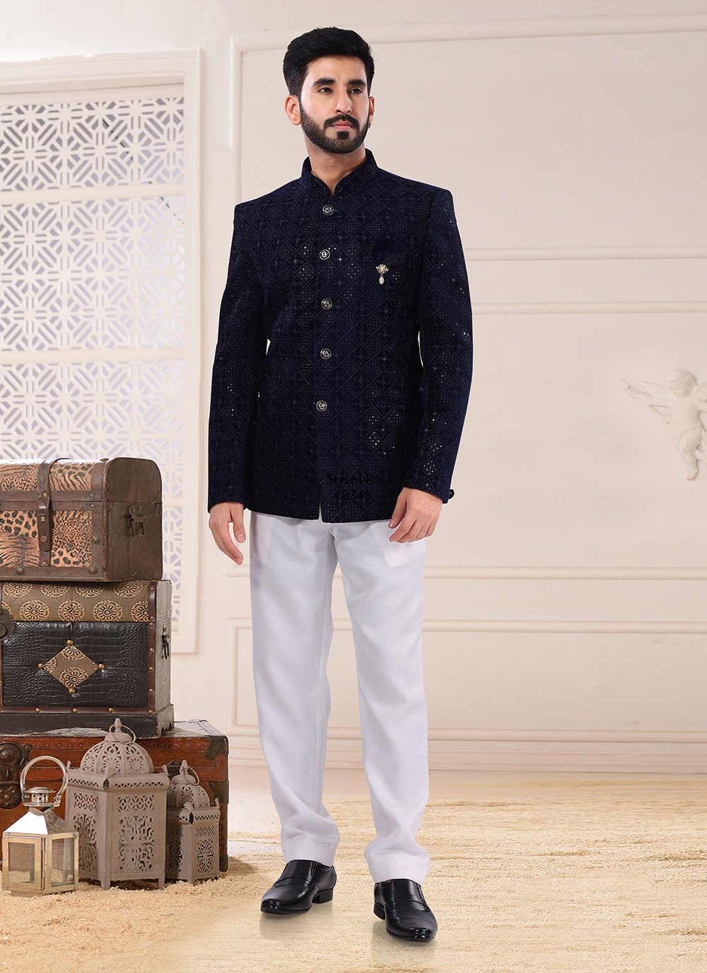 Jodhpuri Suit Velvet Blue Embroidered Mens