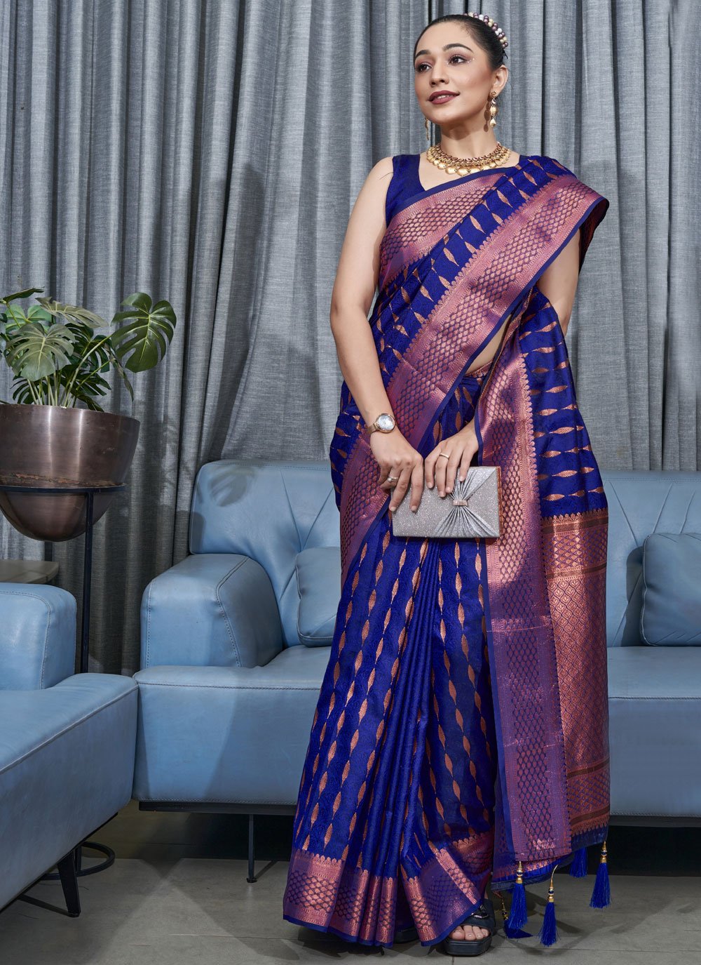 Traditional Saree Silk Blue Jacquard Work Saree