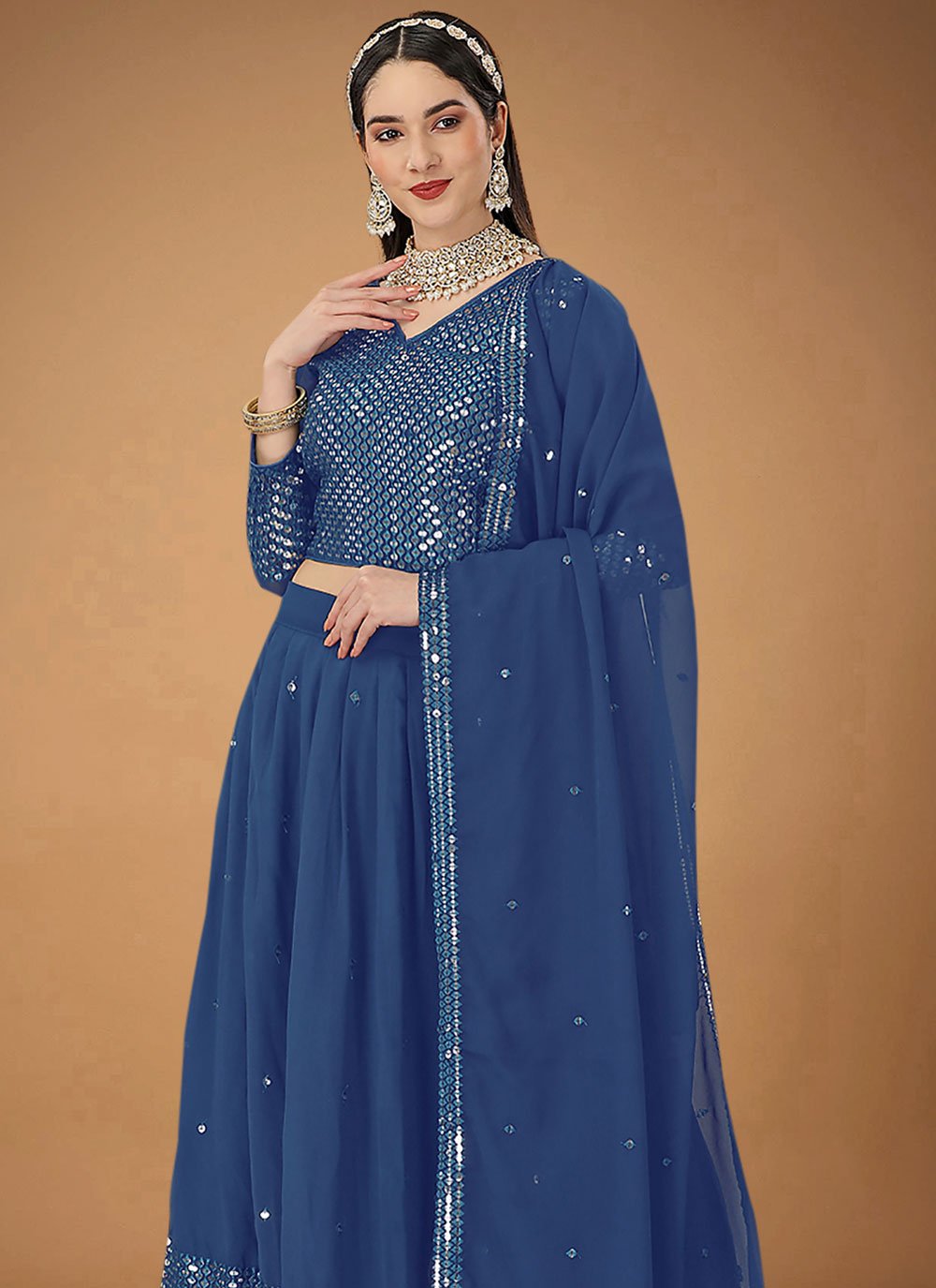Lehenga Choli Faux Georgette Blue Embroidered Lehenga Choli