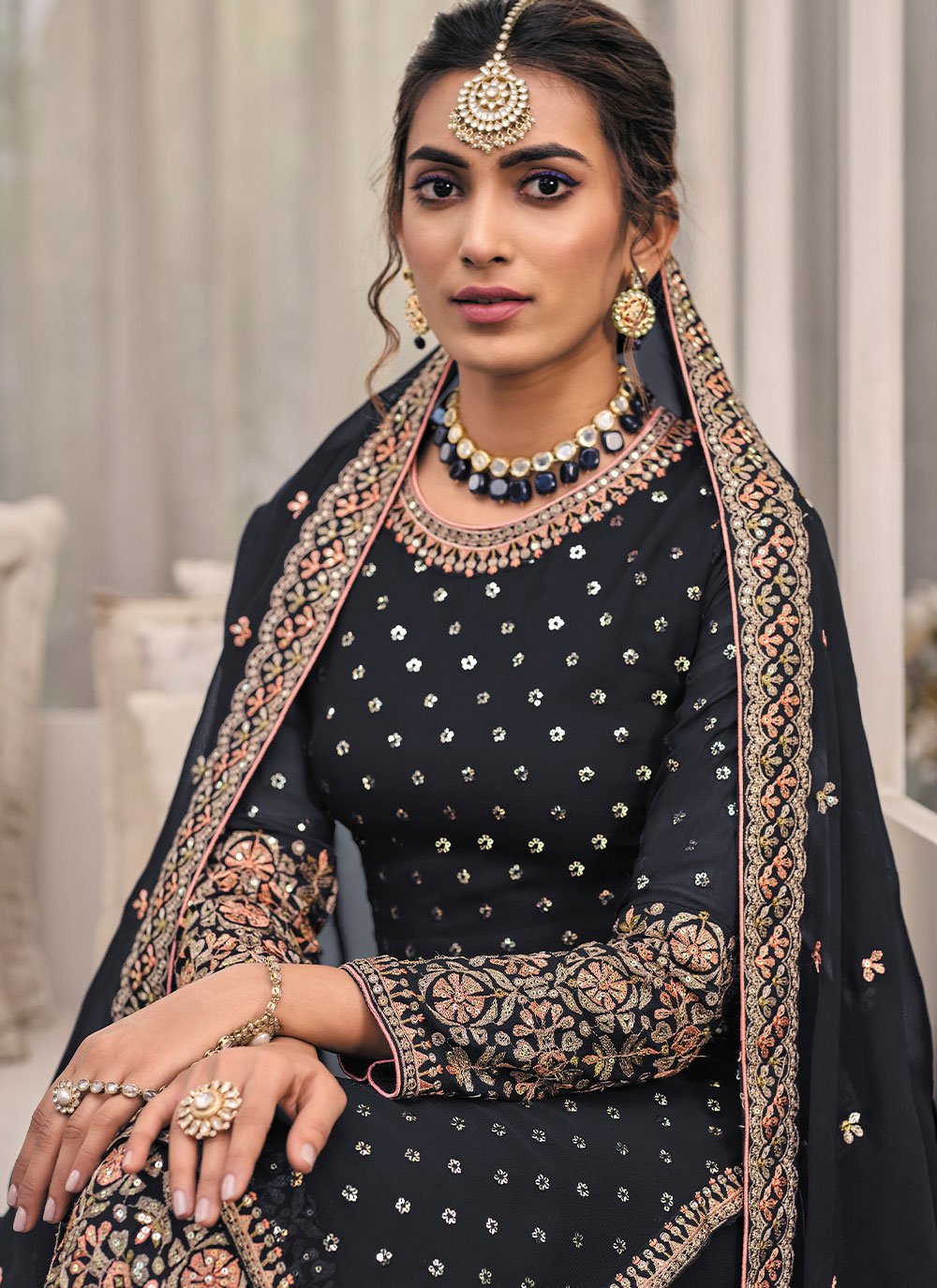 Palazzo Salwar Suit Georgette Blue Embroidered Salwar Kameez