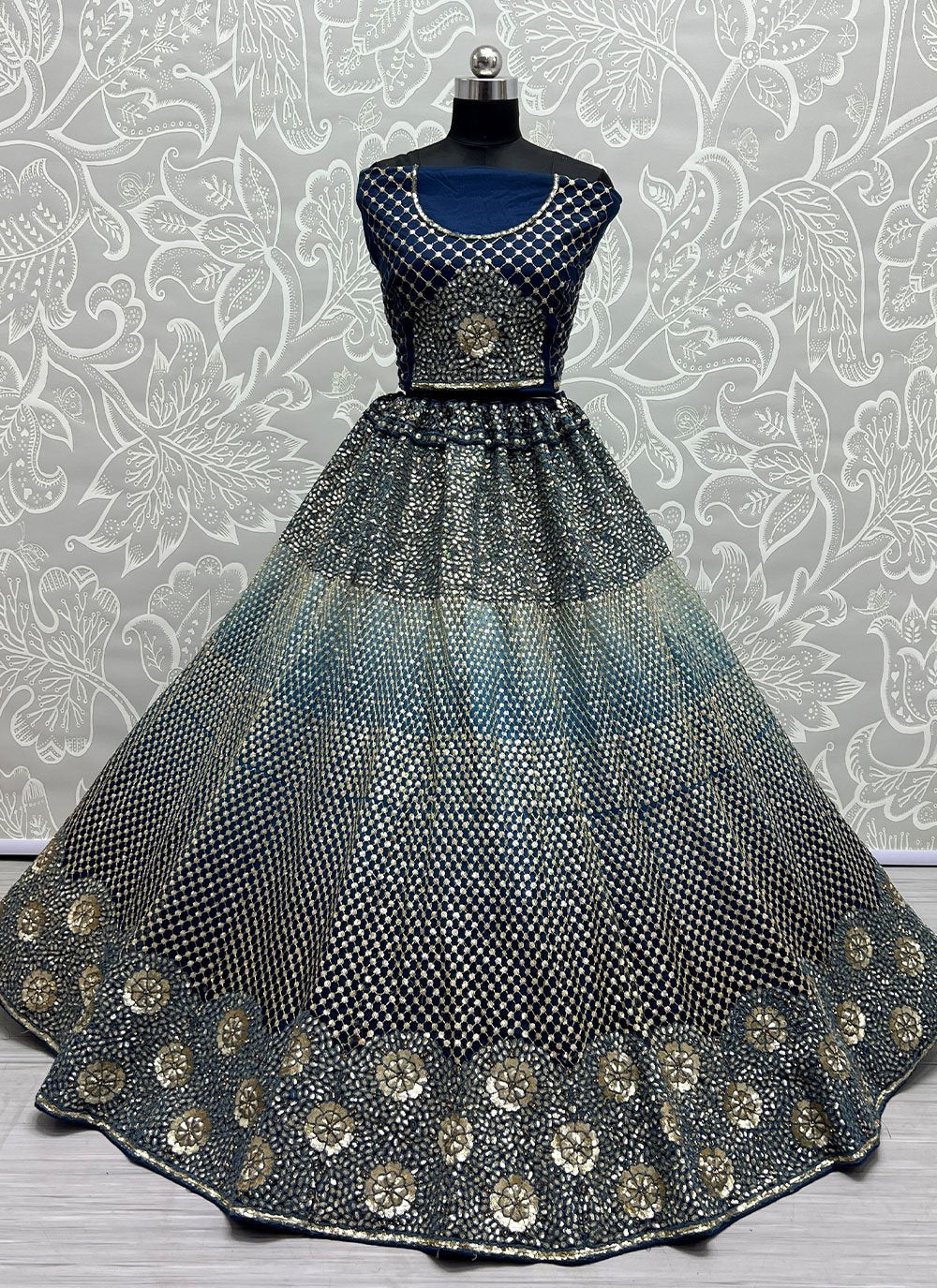 A Line Lehenga Net Blue Embroidered Lehenga Choli
