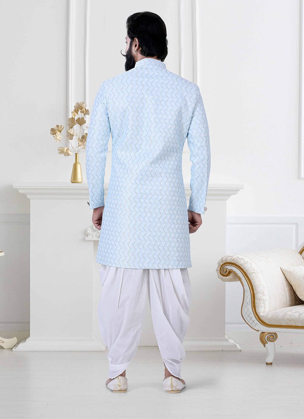 Indo Western Jacquard Blue Woven Mens