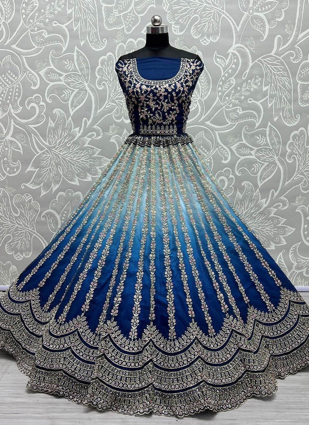 A Line Lehenga Silk Blue Embroidered Lehenga Choli