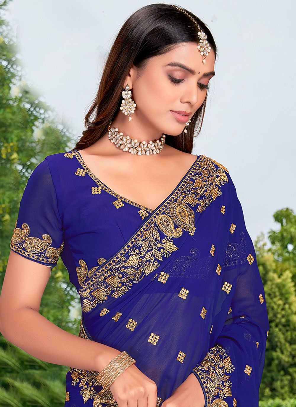 Contemporary Georgette Blue Embroidered Saree