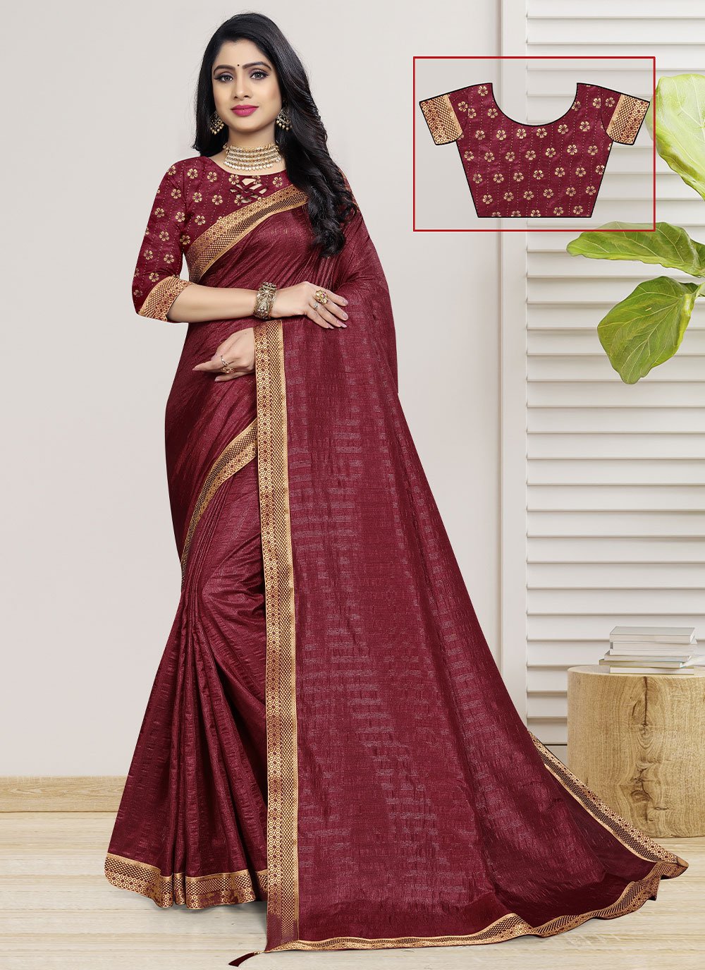 Classic Vichitra Silk Maroon Fancy Work Saree