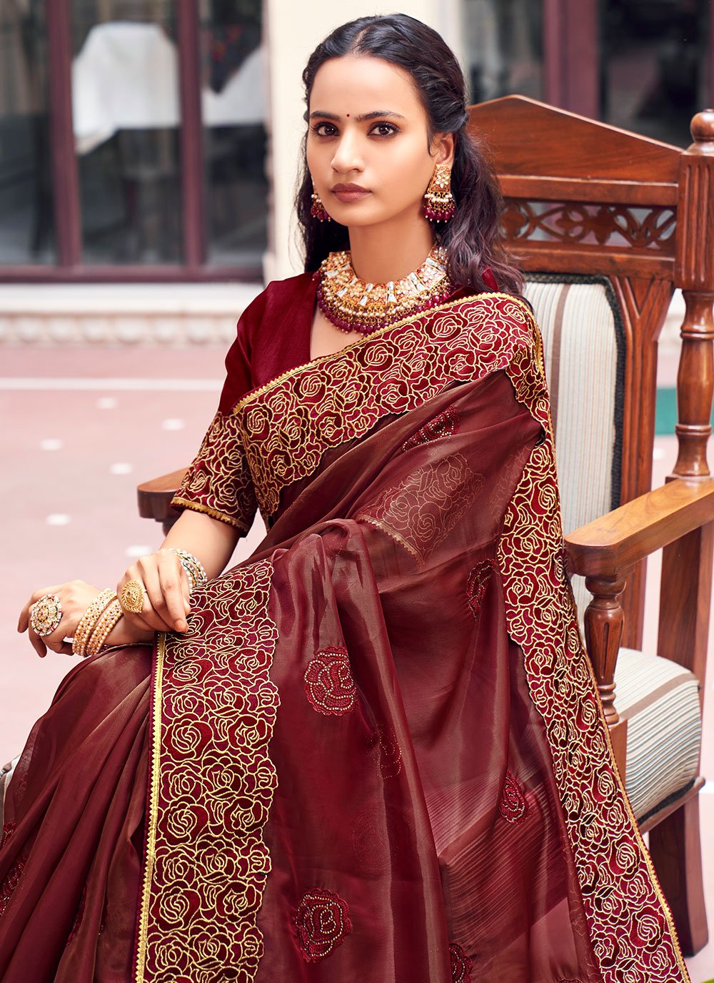 Contemporary Georgette Wine Patch Border Saree