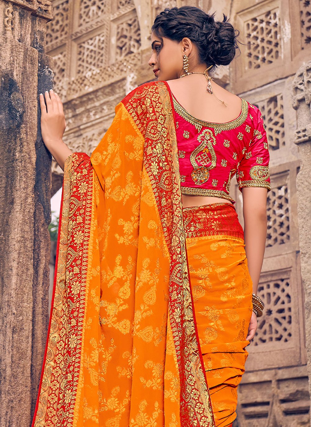 Classic Georgette Orange Patch Border Saree