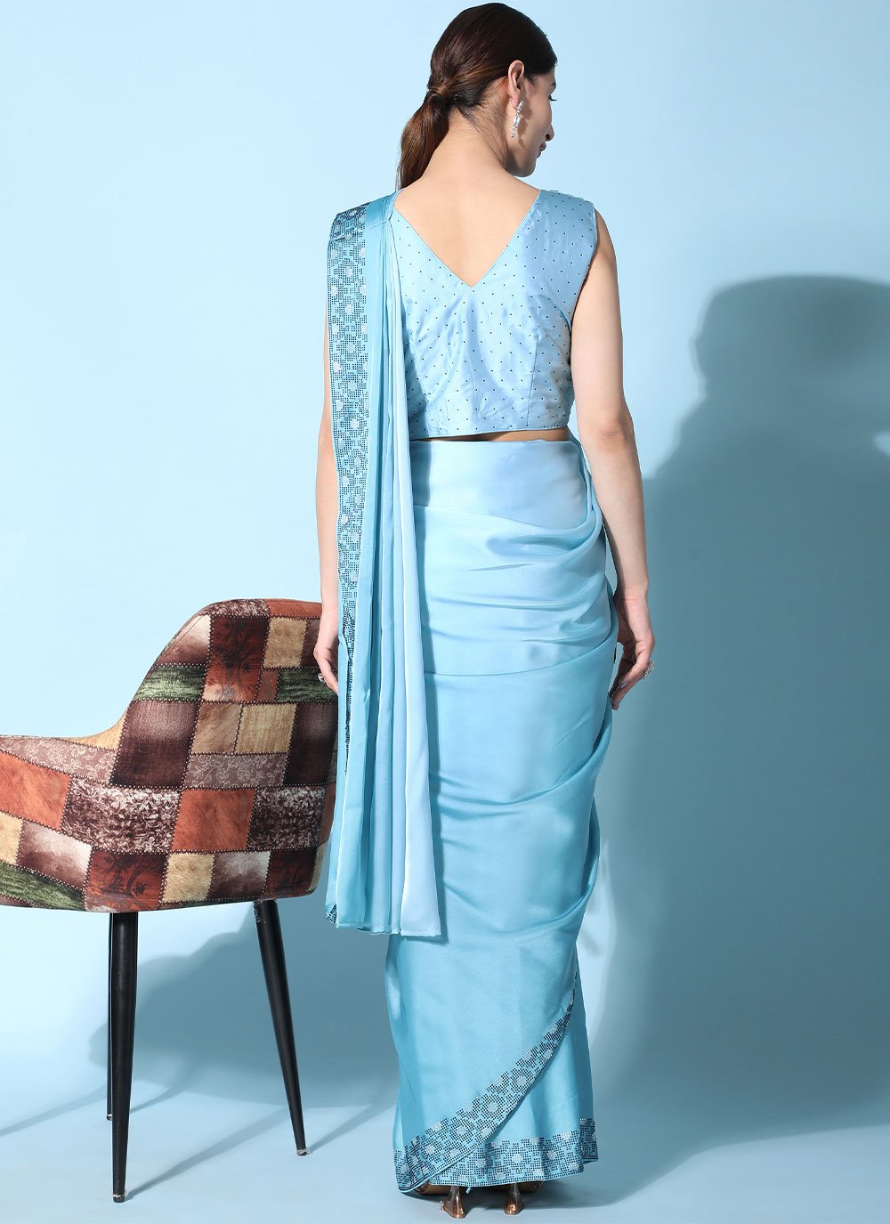 Contemporary Georgette Satin Aqua Blue Patch Border Saree