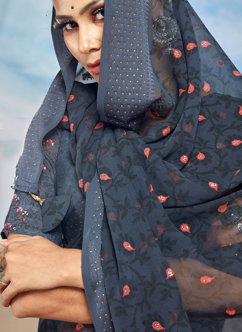 Trendy Saree Foil Georgette Blue Patch Border Saree