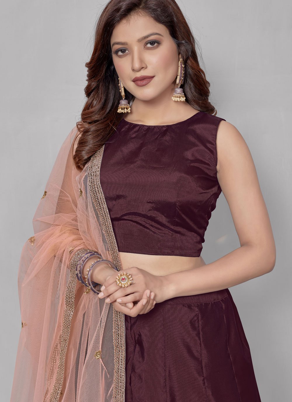 Lehenga Choli Tafeta Silk Maroon Patch Border Lehenga Choli