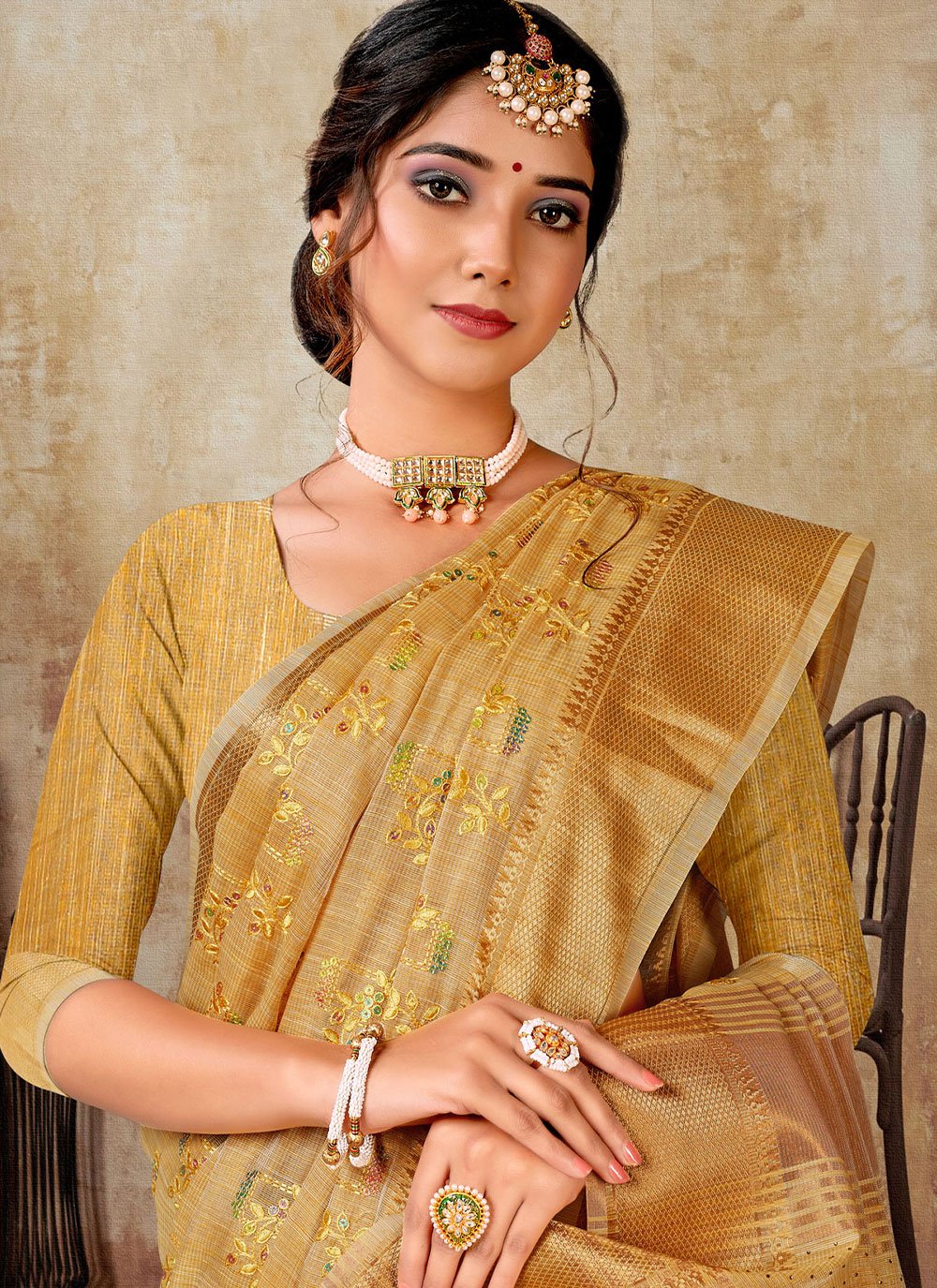 Classic Linen Tissue Mustard Embroidered Saree