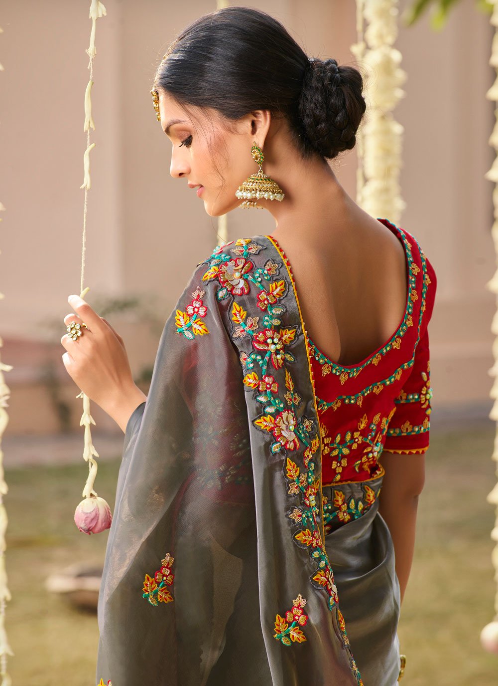 Traditional Saree Organza Grey Hand Work Saree