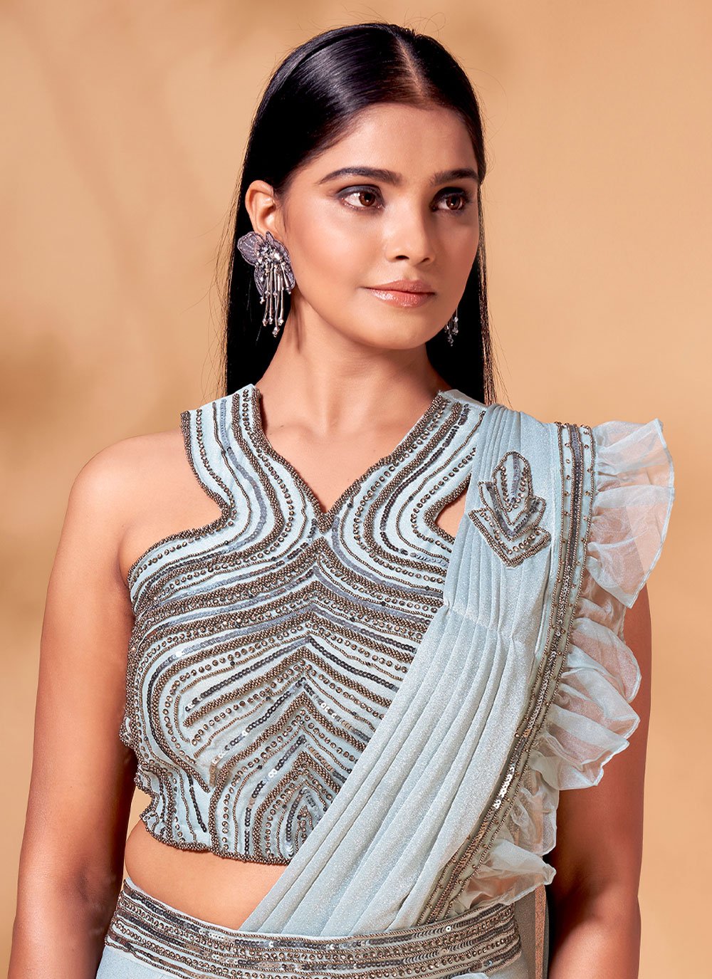Classic Organza Shimmer Grey Patch Border Saree