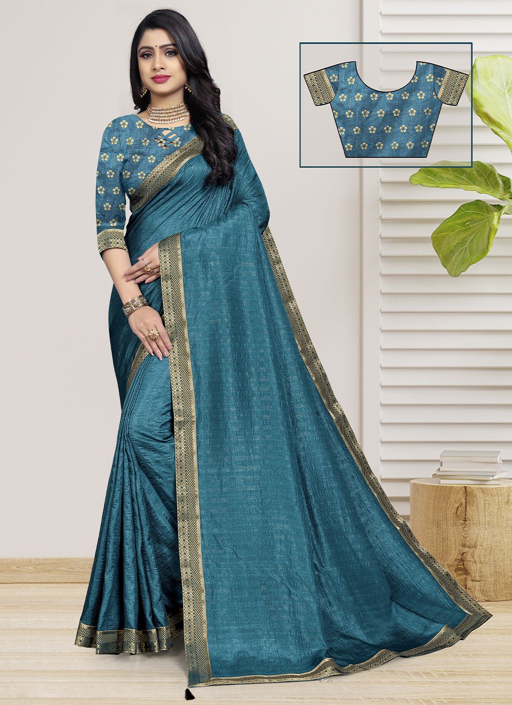 Contemporary Vichitra Silk Teal Fancy Work Saree