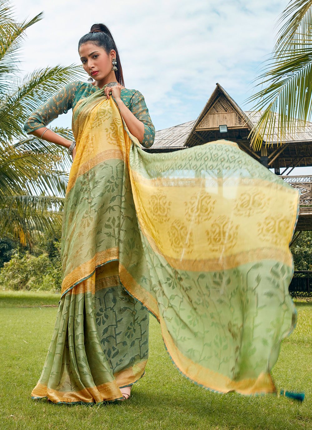 Classic Brasso Green Fancy Work Saree