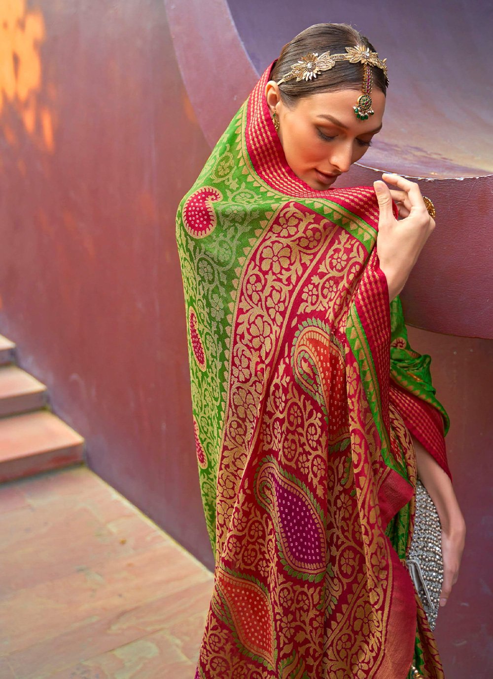 Traditional Saree Brasso Green Paisley Print Saree