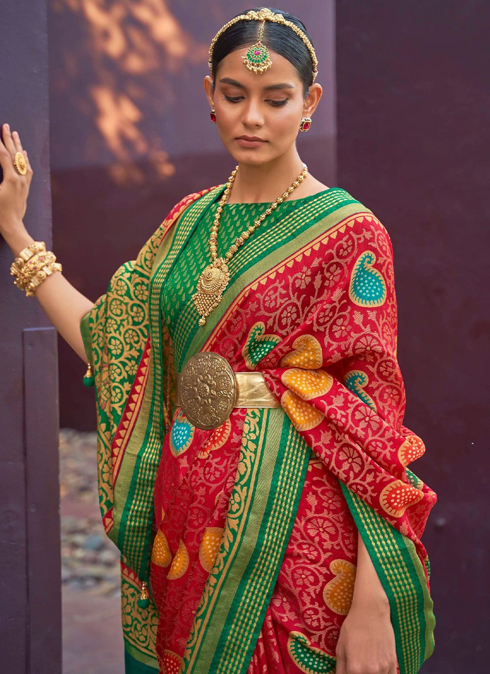 Traditional Saree Brasso Red Paisley Print Saree