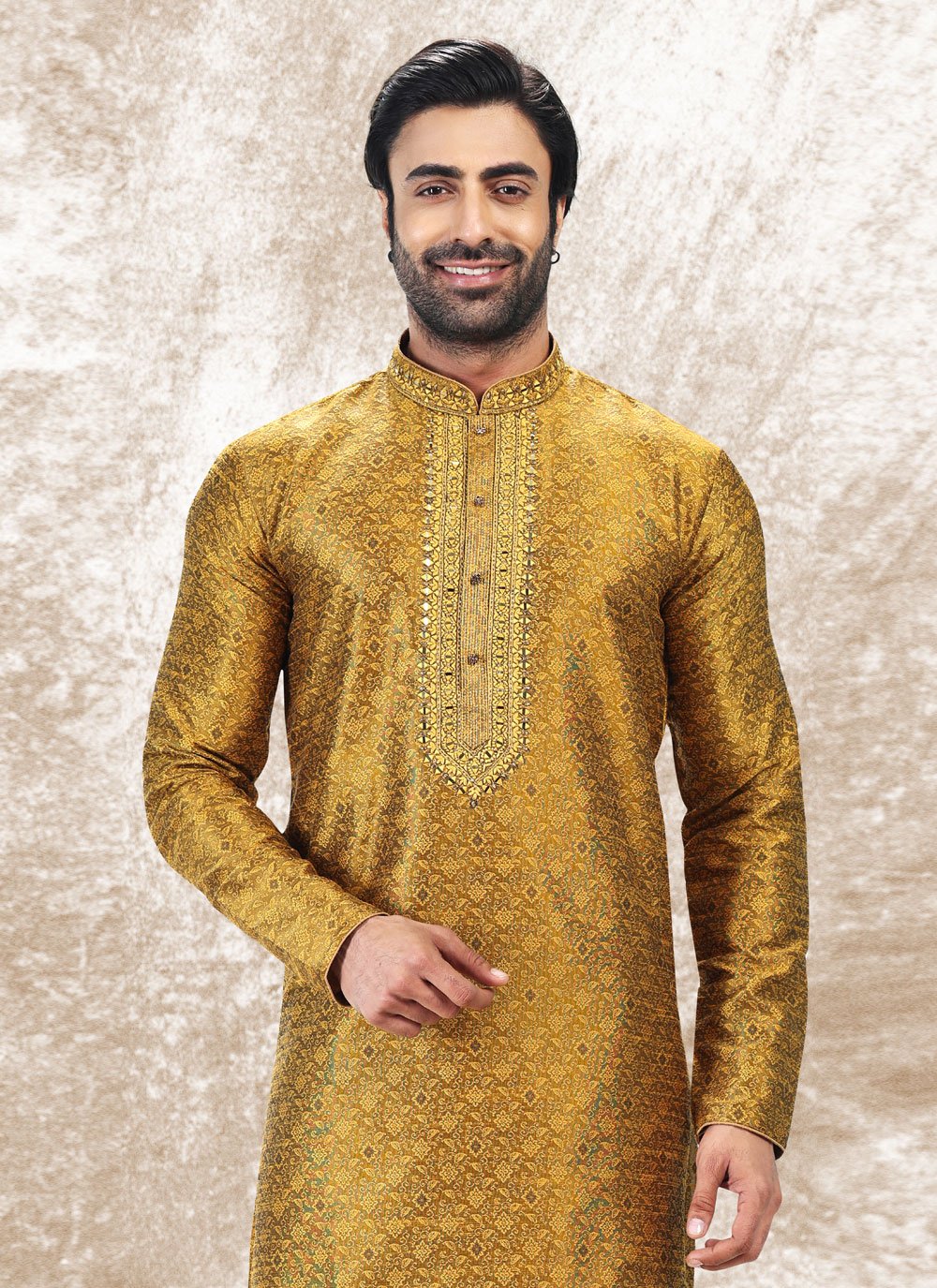 Kurta Pyjama Brocade Jacquard Silk Gold Fancy Work Mens