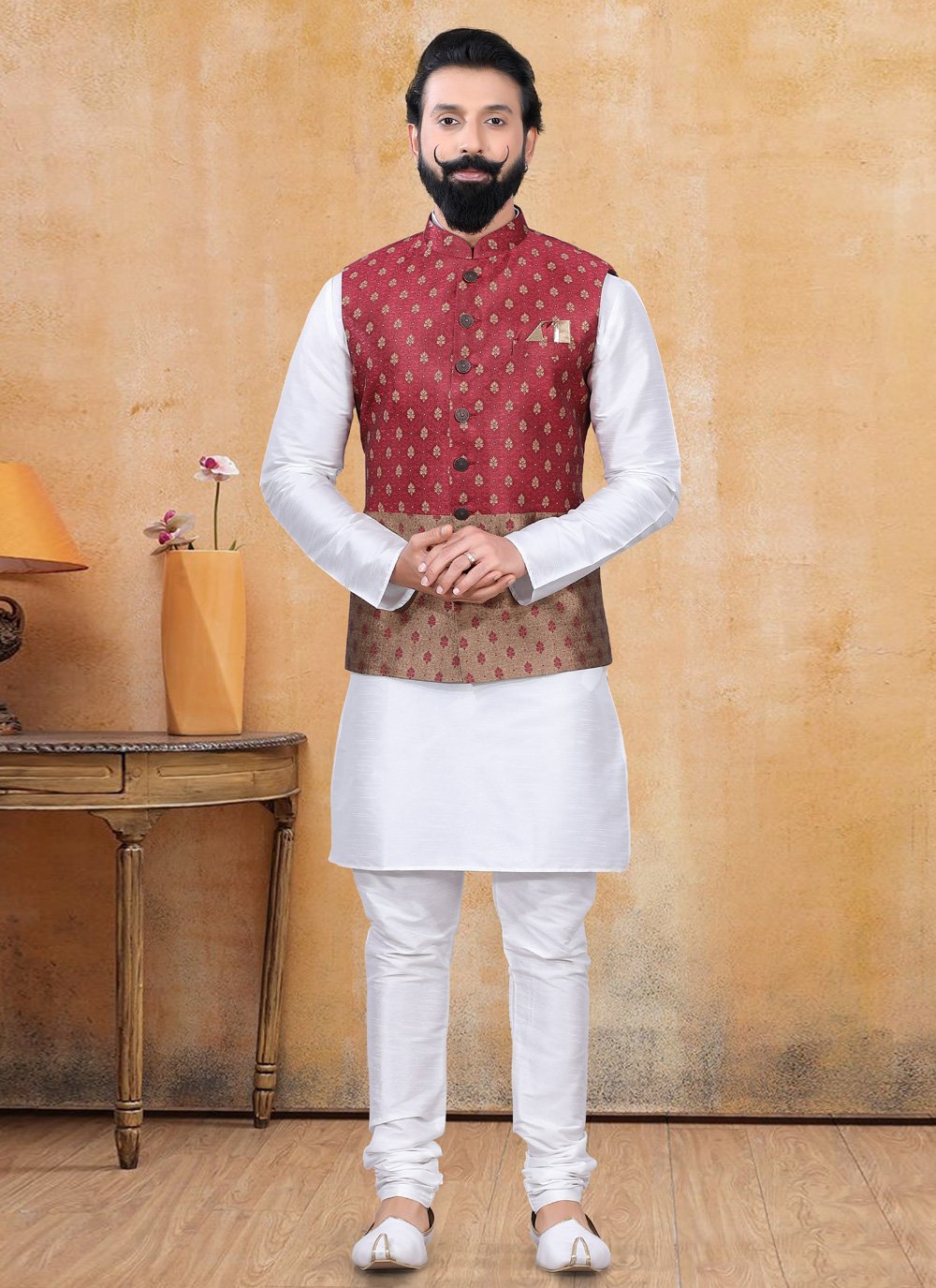 Nehru Jackets Jacquard Brown Maroon Fancy Work Mens