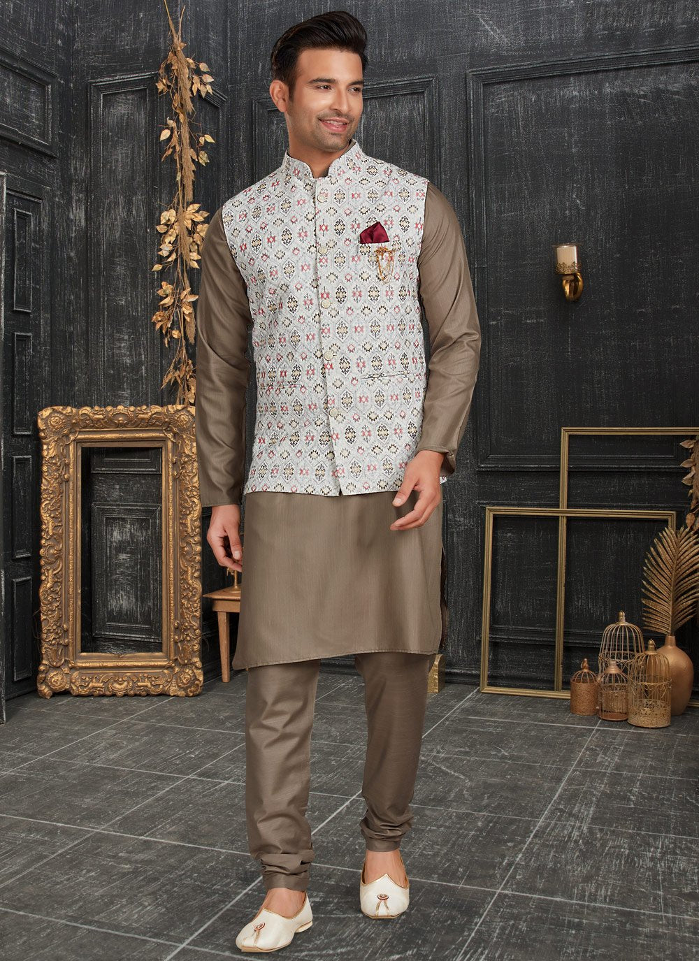 Kurta Payjama With Jacket Cotton Brown Off White Chicken Mens
