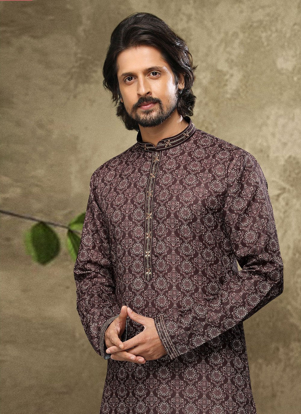 Dhoti Kurta Handloom Cotton Brown Digital Print Mens
