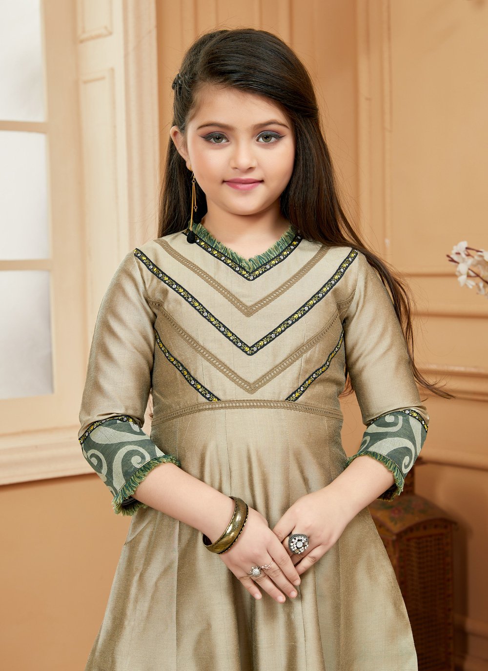 Anarkali Suit Cotton Silk Brown Embroidered Kids