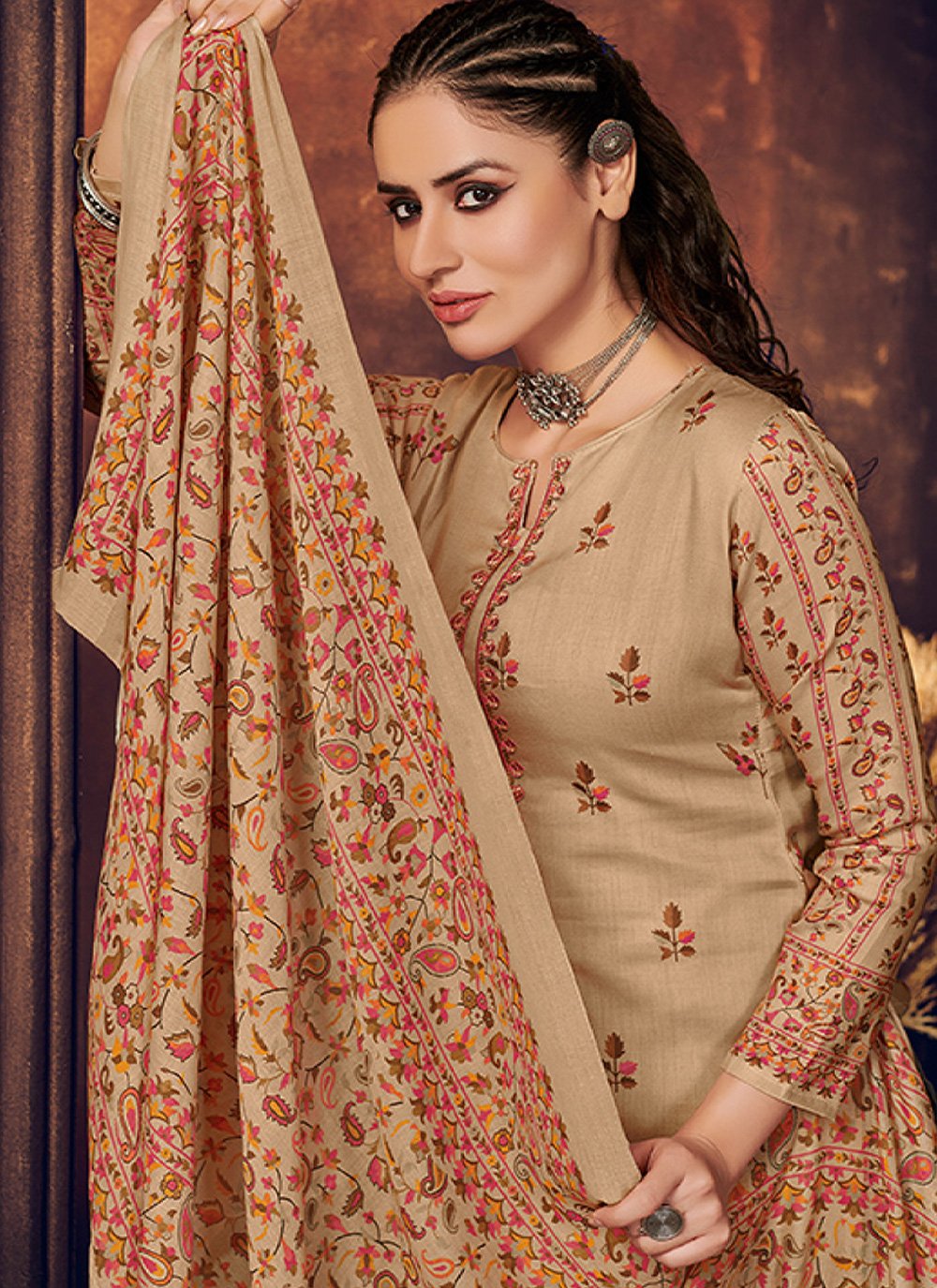 Salwar Suit Cotton Muslin Brown Digital Print Salwar Kameez
