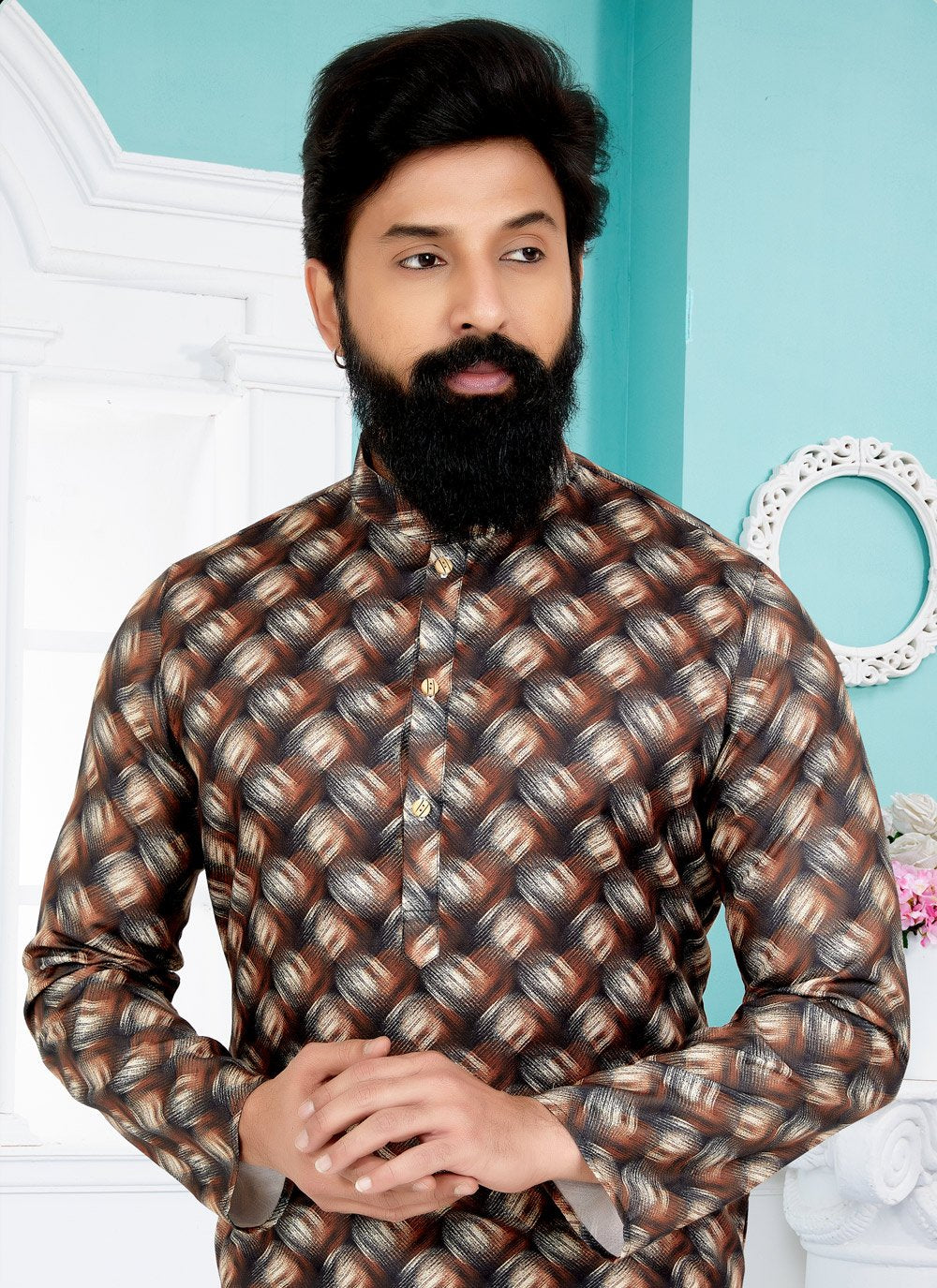 Kurta Pyjama Cotton Brown Digital Print Mens