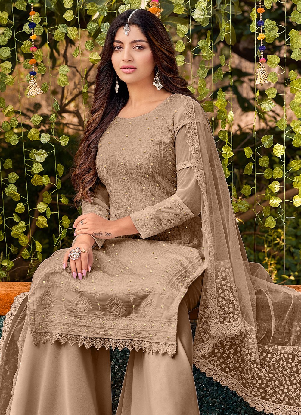 Salwar Suit Cotton Faux Georgette Brown Embroidered Salwar Kameez