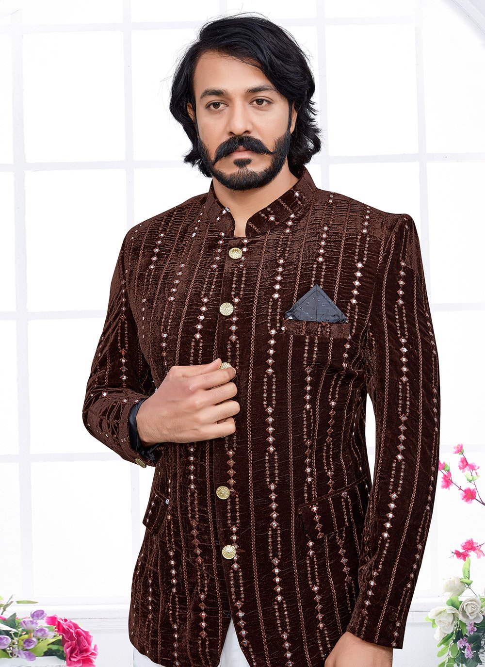 Jodhpuri Suit Velvet Brown Embroidered Mens
