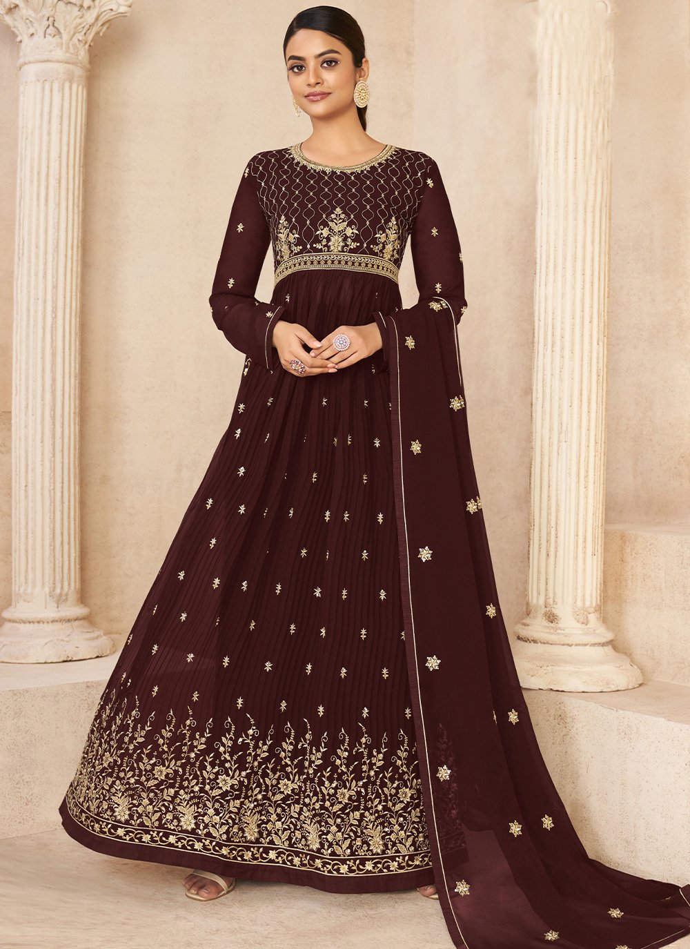 Salwar Suit Faux Georgette Brown Embroidered Salwar Kameez