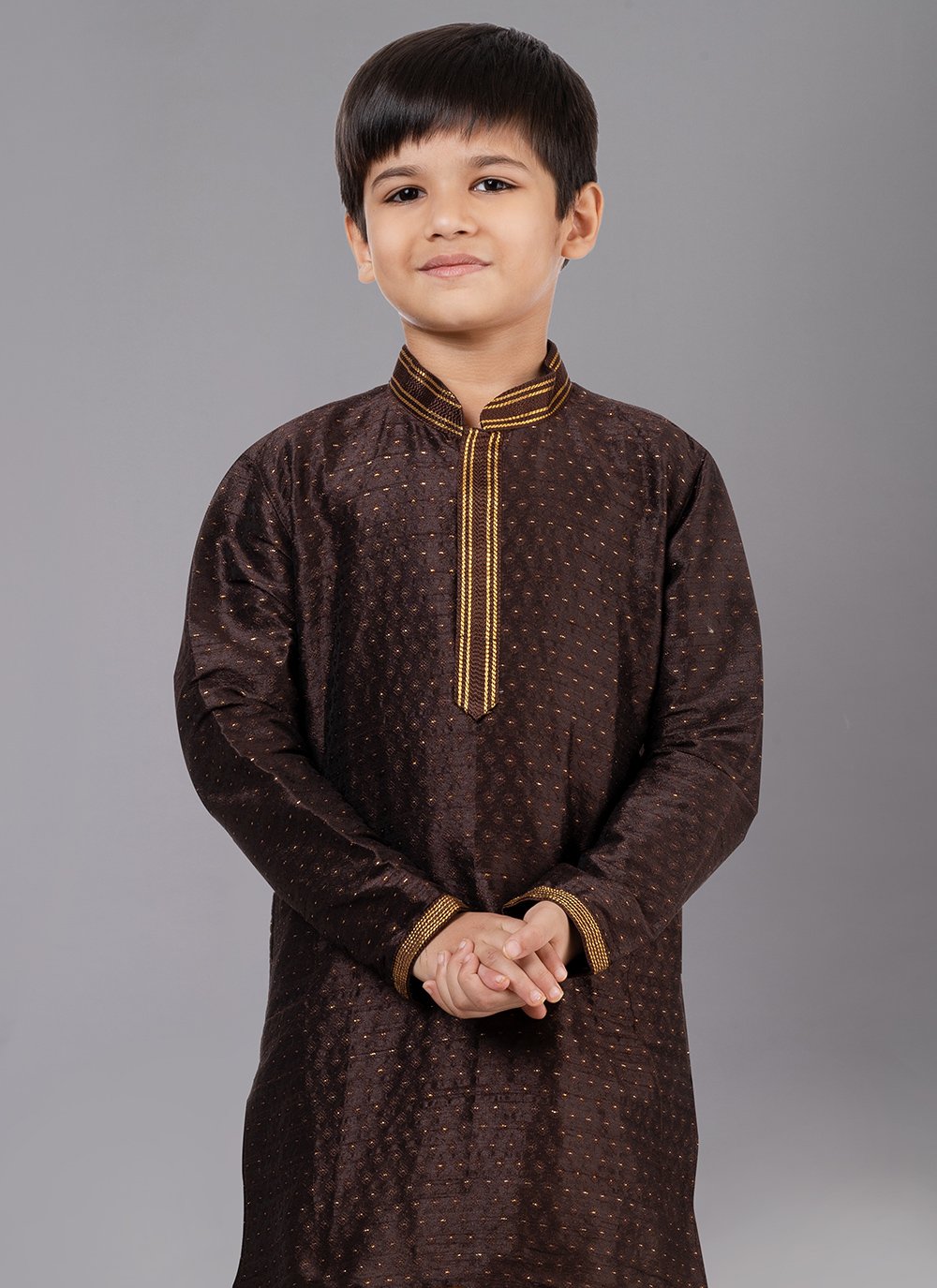Kurta Pyjama Polly Cotton Brown Fancy Work Kids