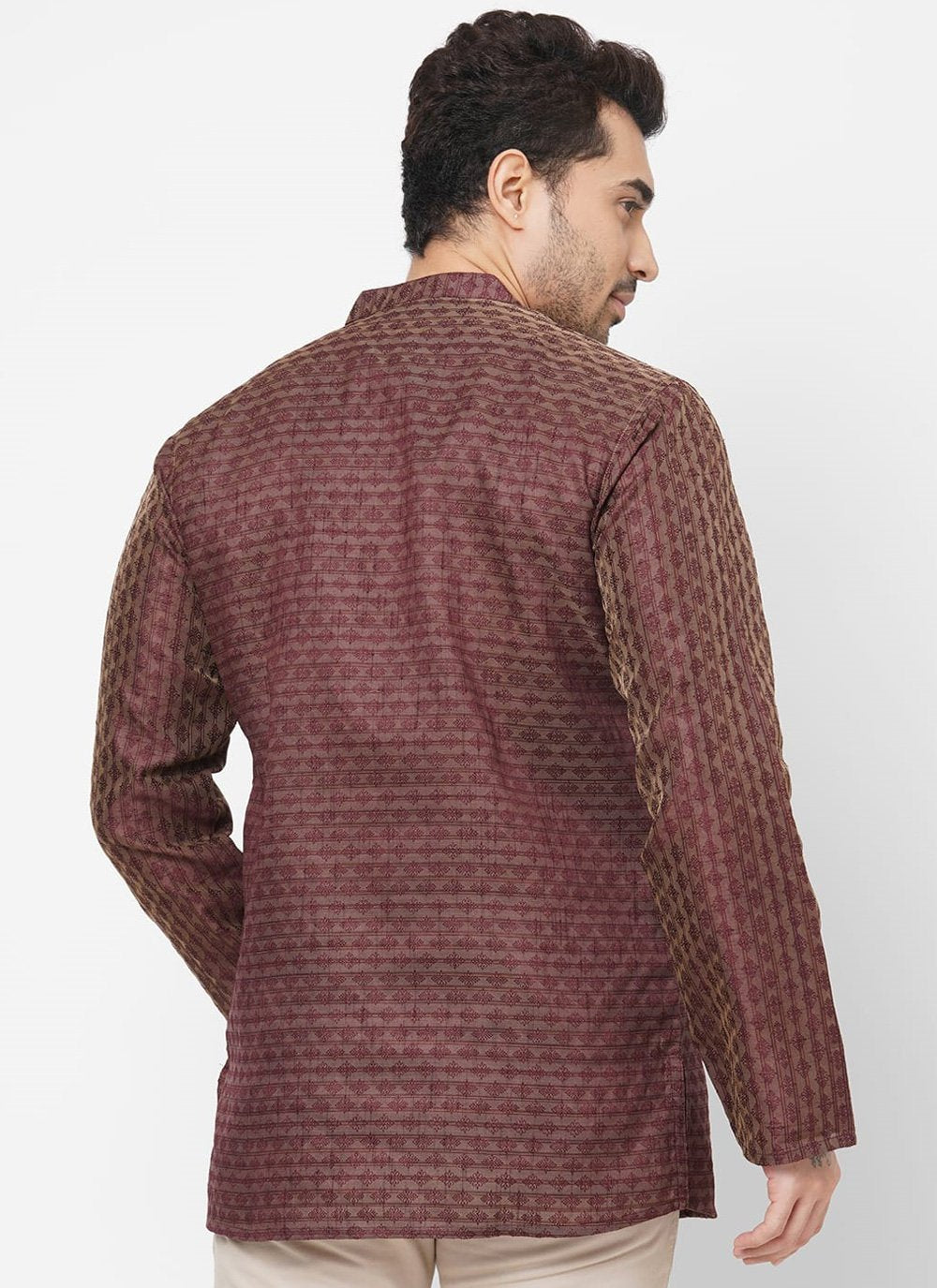 Short Kurta Polly Cotton Brown Fancy Work Mens
