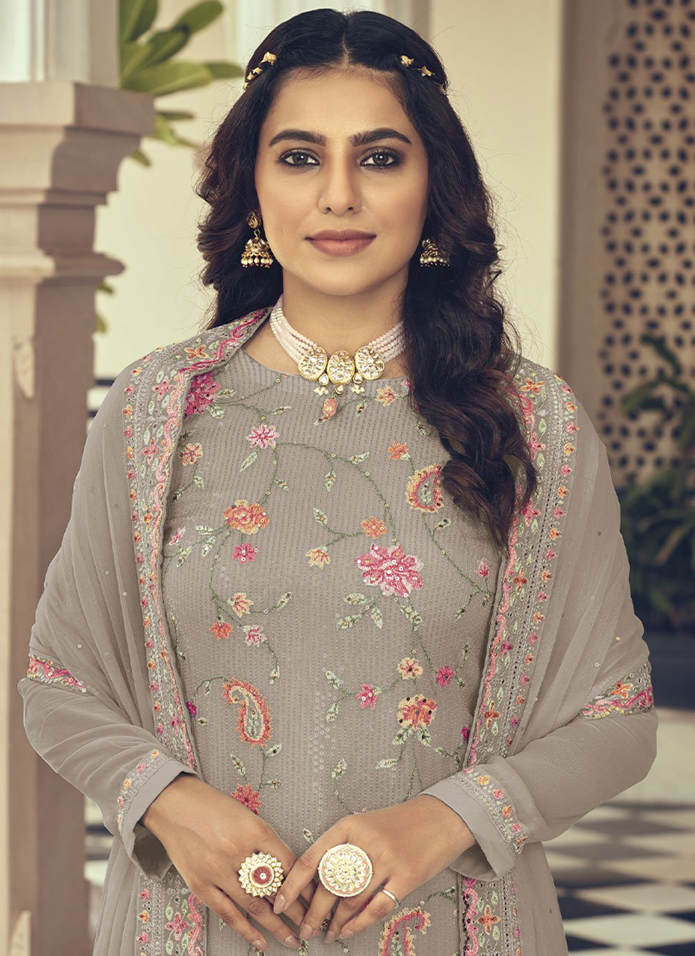 Salwar Suit Faux Georgette Brown Embroidered Salwar Kameez