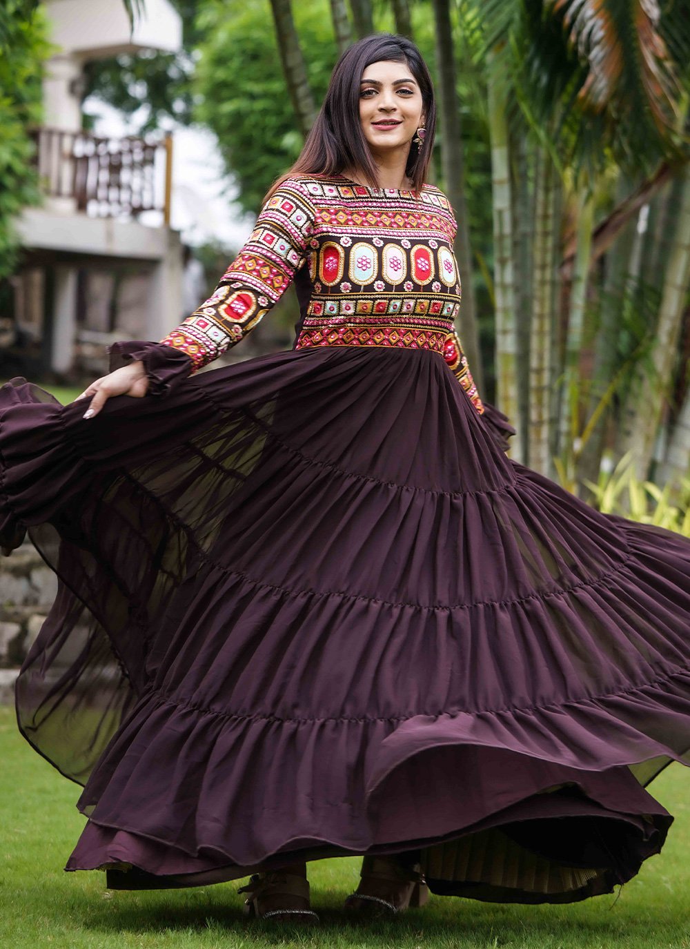 Gown Faux Georgette Brown Embroidered Gown