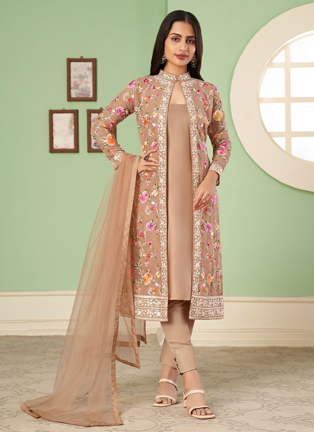 Jacket Style Suit Georgette Brown Embroidered Salwar Kameez