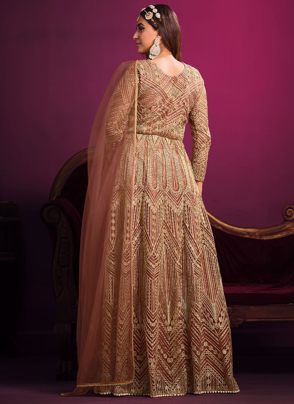 Anarkali Suit Net Brown Embroidered Salwar Kameez